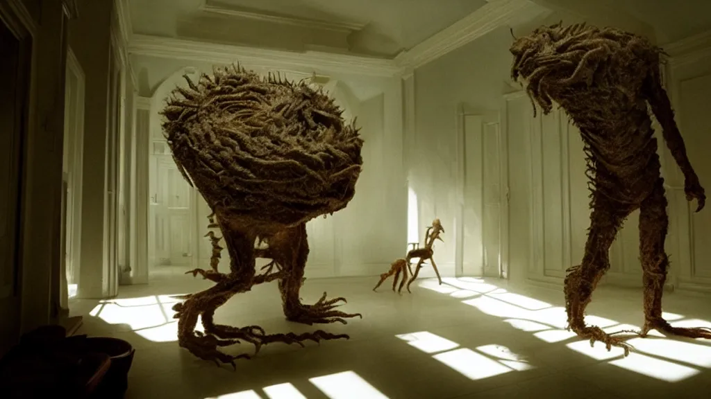 Image similar to the creature on the house in the house, film still from the movie directed by denis villeneuve and david cronenberg, with art direction by salvador dali, wide lens