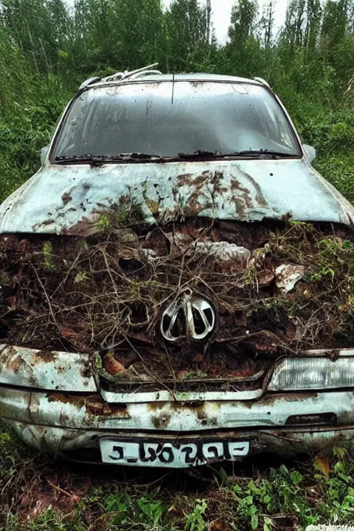 Prompt: “Miserable old Skoda Octavia Combi dirty and broken in a depressing dead forest”