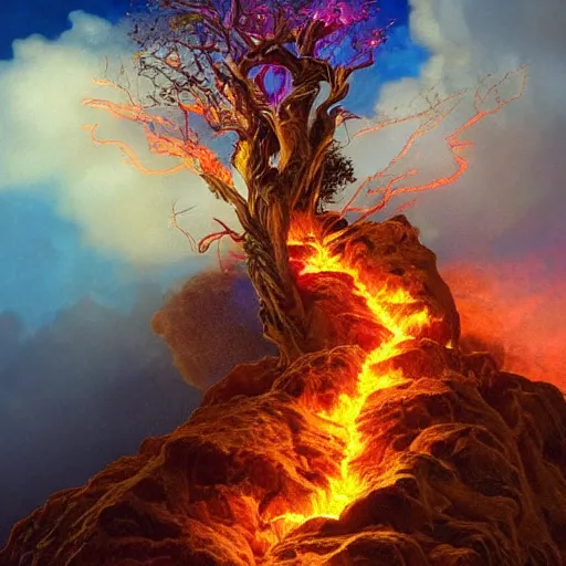 Image similar to A photo of the burning bush, fire from sky, blue lightnings, dramatic purple thunders, golden meteors, dramatic shadows, powerful photo, magic, dramatic lighting, intricate, wild, highly detailed, digital painting, artstation, concept art, smooth, sharp focus, illustration, art by artgerm and greg rutkowski and alphonse mucha, footage