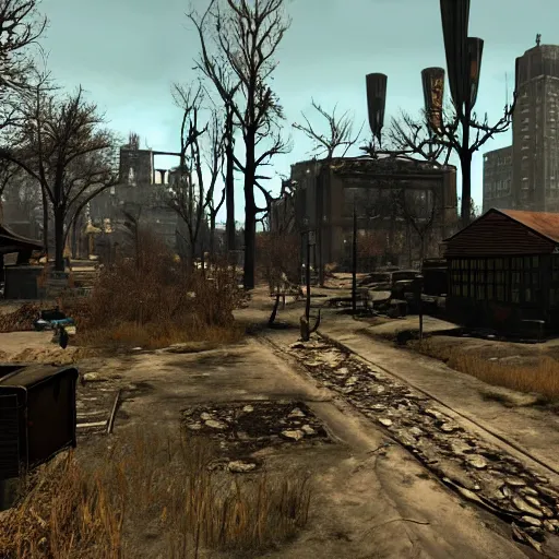 Prompt: central park settlement, post - nuclear war in fallout 4, in game screenshot