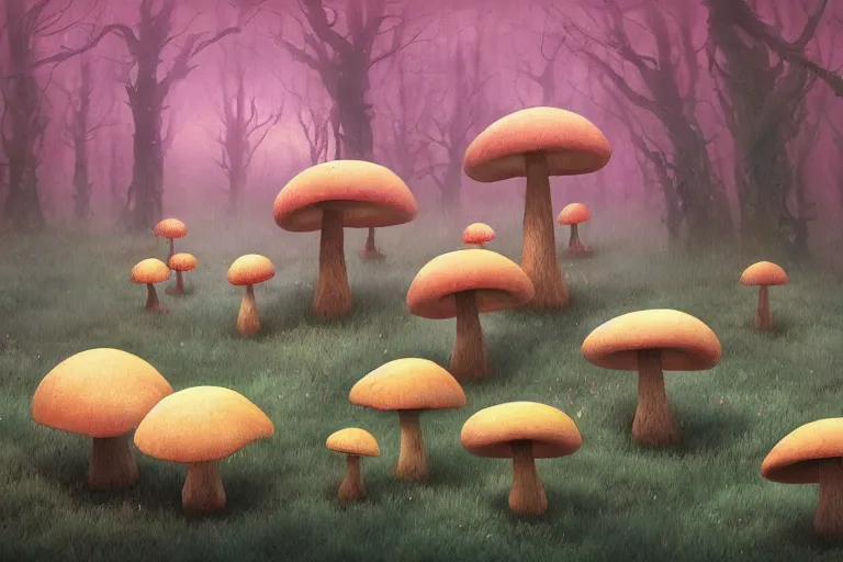 Image similar to mushroom forest by Shaun Tan and Hiroshi Yoshida, trending on artstation