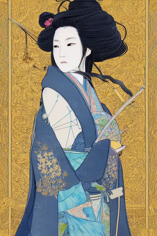 Prompt: breathtaking detailed soft painting of a samurai queen with long flowing blue hair, pastel flower petals flying, at dawn in front of a pristine golden art nouveau cathedral, elegant, volumetric lighting, highly detailed, artstation, concept art, matte, sharp focus, art by pilyeon, matcha art