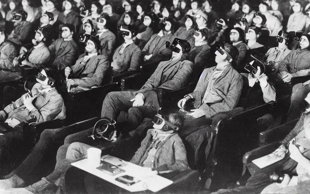 Image similar to 1 9 0 0 s photo of people using iphones ipods virtual reality headsets vr watching hd tv in a movie theater