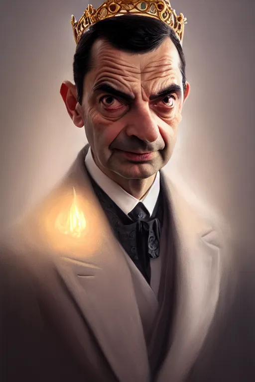 Image similar to highly detailed portrait of an elegant mr bean, ornate crown, beautiful symmetrical face, glowing skin, digital painting, artstation, concept art, smooth, clear focus, illustration, greg rutkowski, artgerm, global lighting, detailed and fantasy