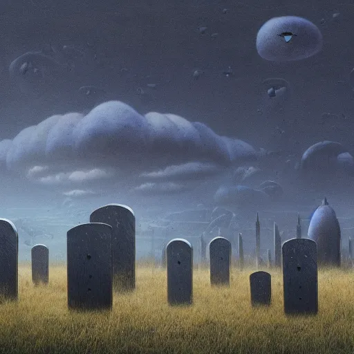 Prompt: a large field of tombstones with ufos invading on the horizon, beksinski, wayne barlowe, very coherent symmetrical artwork, cinematic, hyper realism, high detail, octane render, 8 k