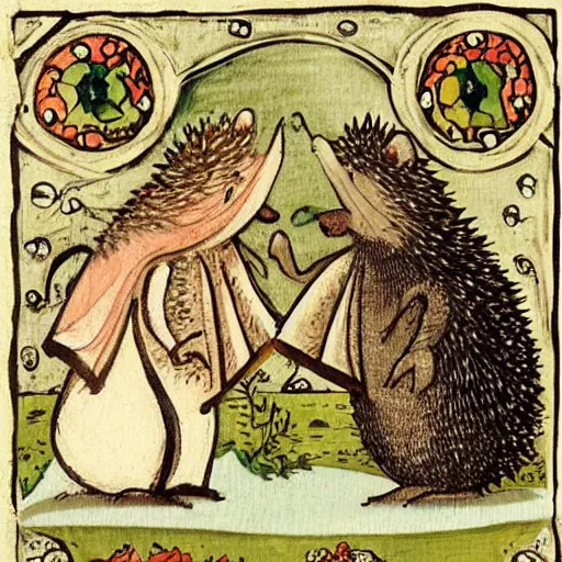 Prompt: hedgehog wedding, medieval book illustration , stunning masterpiece