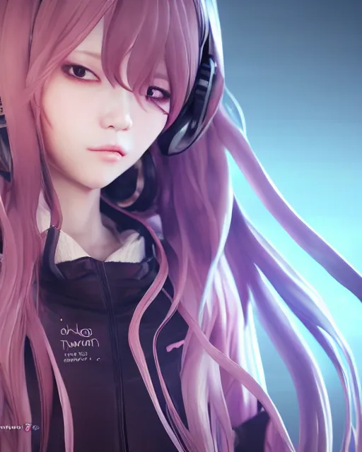 Prompt: beautiful portrait of a woman with pastel long hair with her eyes closed with headphones on in the style of a code vein character, tzuyu from twice in code vein in the style of WLOP, artgerm, yasutomo oka, rendered in unreal engine and redshift octane , dynamic dramatic lighting, soft lighting, imagine fx, artstation, cgsociety, by Bandai Namco artist, background is surrounded by epic neon glitch effect digital art