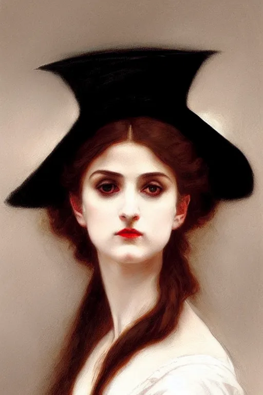 Prompt: victorian vampire in a big black hat, white dress, painting by rossetti bouguereau, detailed art, artstation