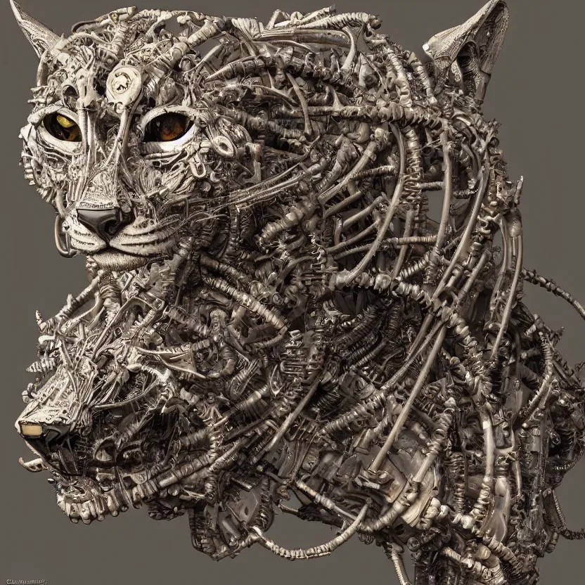 Prompt: detailed realistic 3 dcsulpture portrait artwork of a biomechanical lynx by subjekt zero, clogtwo and ben ridgway. colored centered uncut. scifi enviroment. slightly lowbrow. influenced by andrei riabovitchev and igor goryunov. artwork by subject zero