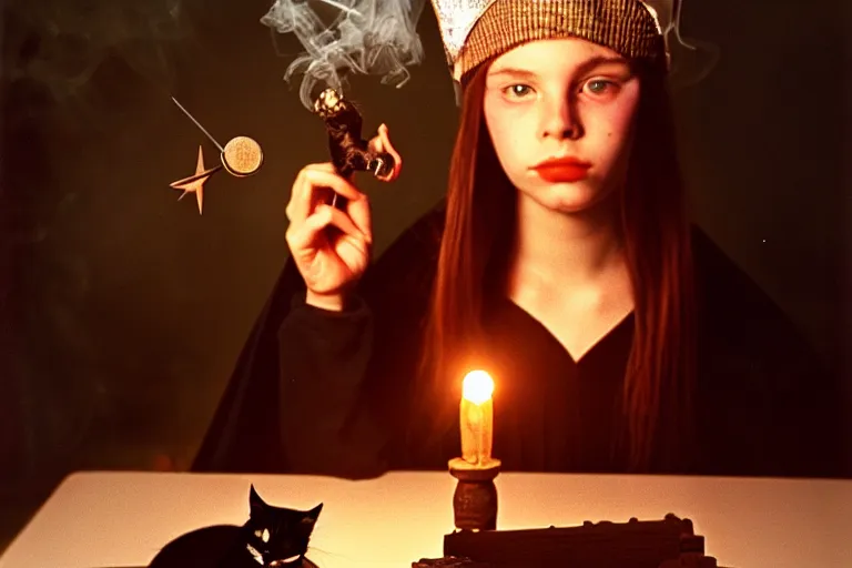 Image similar to close up portrait, dramatic lighting, concentration, calm confident teen witch and her cat, tarot cards displayed on the table in front of her, sage smoke, magic wand, a witch hat and cape, apothecary shelves in the background 1 9 7 0's photo, damaged film