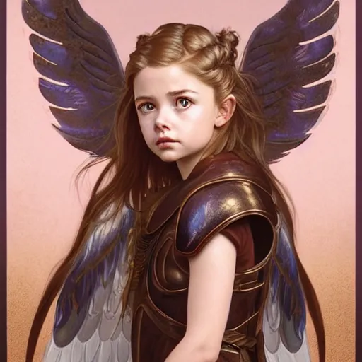 Image similar to portrait of young aasimar angel girl maiden wearing comfy leather armor with beautiful feathered angel wings, kawaii cute face, brown eyes, Mackenzie Foy, Chloe Moretz, by artgerm and greg rutkowski and alphonse mucha and andrei riabovitchev and Rossdraws and Bluesssatan and Mandy Jurgens and Stjepan Sejic, 4k oil on linen, vivid colors, colorful, photorealistic, high dynamic range, HDR, intricate, elegant, highly detailed, digital painting, artstation, concept art, smooth, sharp focus, illustration, mid-shot, medium shot, hyperdetailed