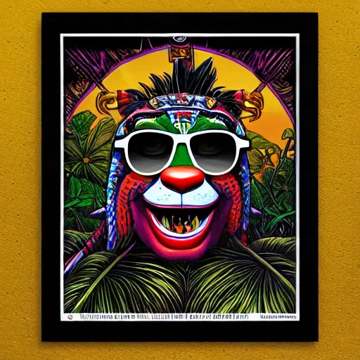 Prompt: barong family clown with ray - ban sunglasses, wiwek, mara demon, one single tribe member, jungle, one single mask, dark, ancient warrior, gorilla, lizard, tribal, inner glow, art by dan mumford and justin gerard