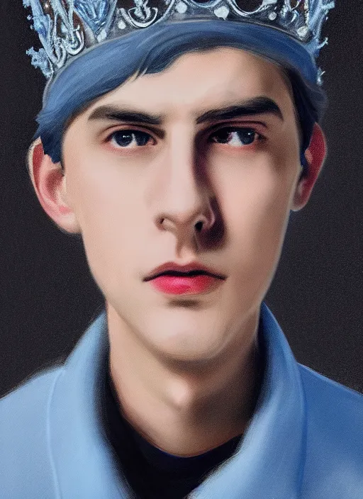 Image similar to portrait of teenage jughead jones wearing a light grey crown, crown, blue turtleneck, 1 9 5 0 s, closed eyes, photorealistic, black hair, glowing lighting, intricate, elegant, glowing lights, highly detailed, digital painting, artstation, concept art, smooth, sharp focus, illustration, art by wlop, mars ravelo and greg rutkowski