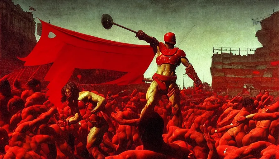 Image similar to only with red, an armored gladiator in a crowded roman amphitheatre, crowd cheering, in the style of beksinski and edward hopper and rodcenko and yue minjun and rolf armstrong, intricate and epic composition, red by caravaggio, highly detailed, masterpiece, red light, artstation
