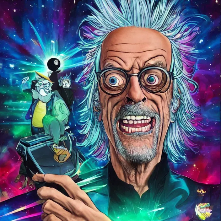 Image similar to Christopher Lloyd as Rick Sanchez by Noriyoshi Ohrai and Lisa Frank