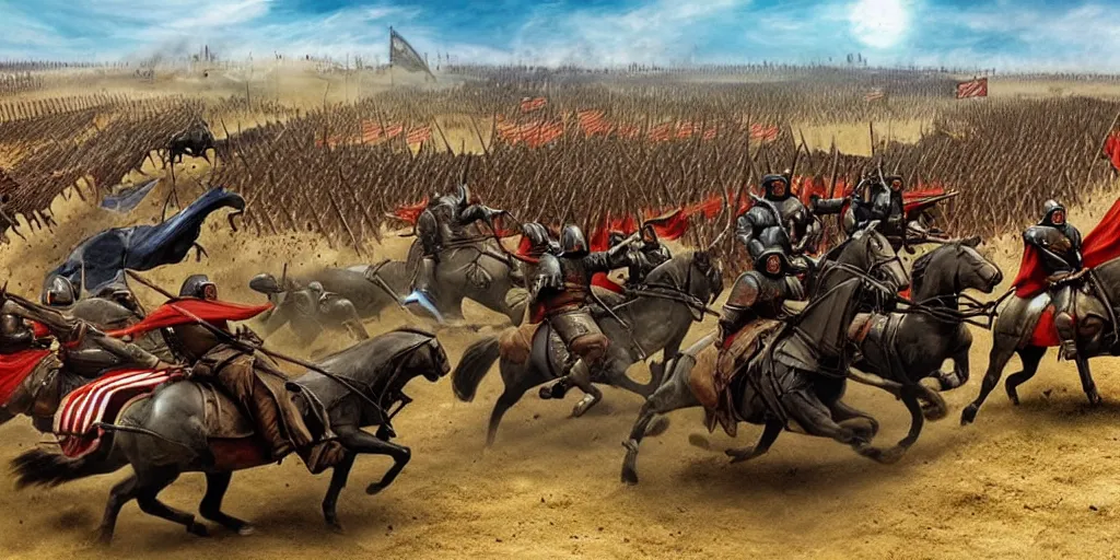 Image similar to medieval battlefield filled with cavalry fleeing from monster trucks!!!