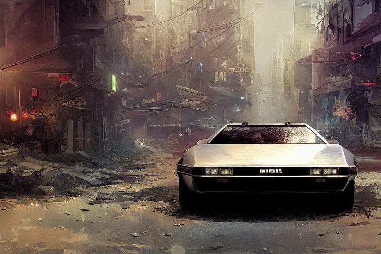 Image similar to photograph of the delorean, with a sleek spoiler, driving down the streets of a cyberpunk abandoned city, by greg rutkowski, by stanley artgerm, by alphonse mucha