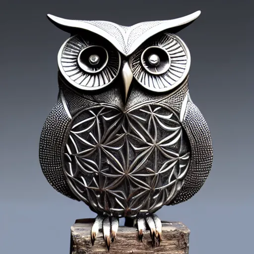 Prompt: symmetrical detailed sculpture of an owl, made of Damascus Titanium