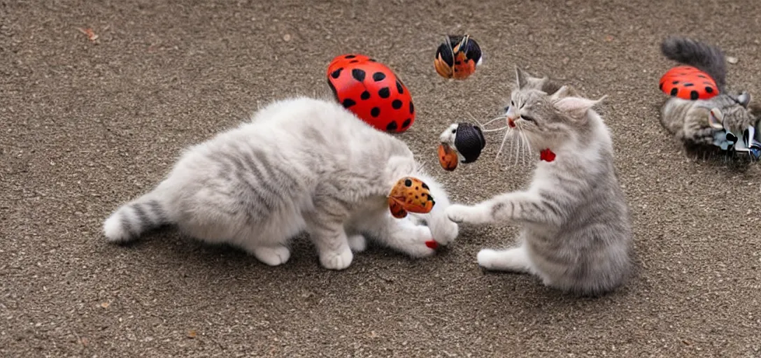 Image similar to cute cats play fighting with a ladybug