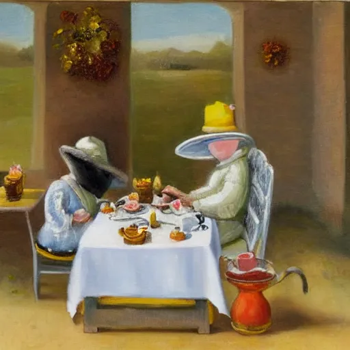 Image similar to bees wearing hats, having a tea party, oil painting