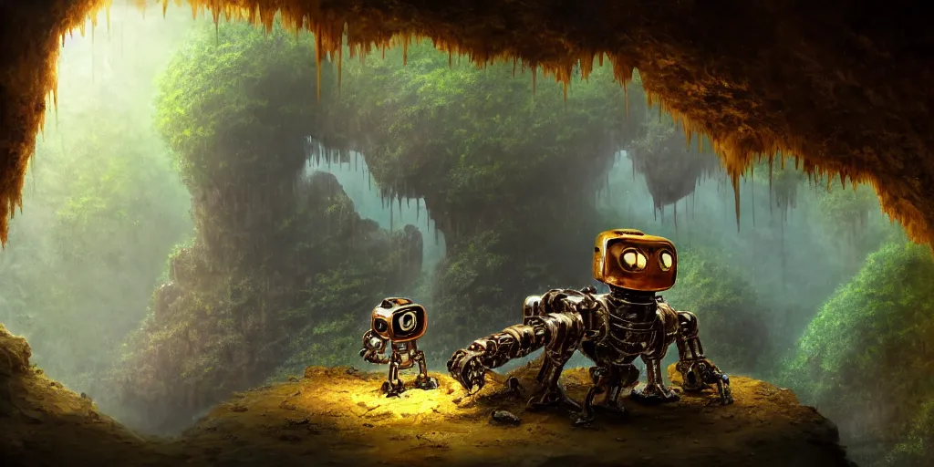 Image similar to a chrome drillbot visits a slightly rusted cave mouth in the jungle, retrofutistic, matte oil painting, science fantasy, salt, rpg, epic, extremely detailed, sharp focus, 4 k