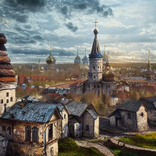 Image similar to photo ancient Slavic Russian city of Kitezh, concept art, magical city, fantasy cityscape, ancient Slavs, wooden buildings, ancient Russian architecture, terem, top cinematic lighting , cinematic mood, very detailed, shot in canon, 8k, high resolution