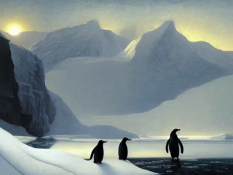 Prompt: an oil painting of a penguin next to a frozen ocean and a misty glacier at dawn. by tuomas korpi moebius and carl spitzweg. baroque elements. intricate artwork by caravaggio. oil painting. oil on canvas. award winning. dramatic. trending on artstation. 8 k