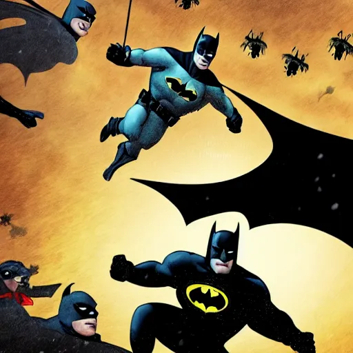 Image similar to batman fighting a large number of minons, 4 k