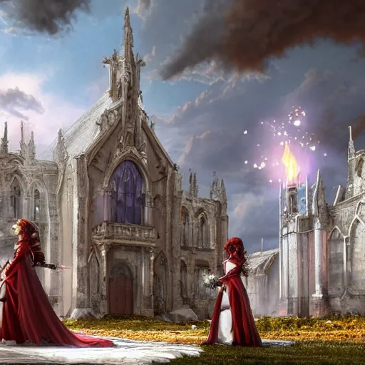 Image similar to an ultra detailed matte painting of a lesbian wedding between evil pyromancer and a red mage from final fantasy, steampunk, unholy, white church background, detailed face, sharp focus, highly detailed, cinematic lighting, studio quality, colorful, smooth render, unreal engine 5 rendered, octane, rendered, by artgerm, greg rutkowski, alphonse mucha