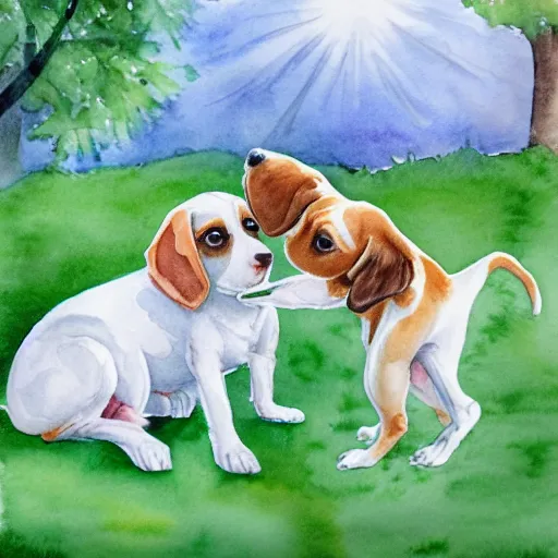 Image similar to water color painting of a white and caramel beagle dog playing with dragonfly in a backyard, harsh lighting, detailed, trending on artstation, dull pastel colors, bright, god rays, dreamy, trending on artstation