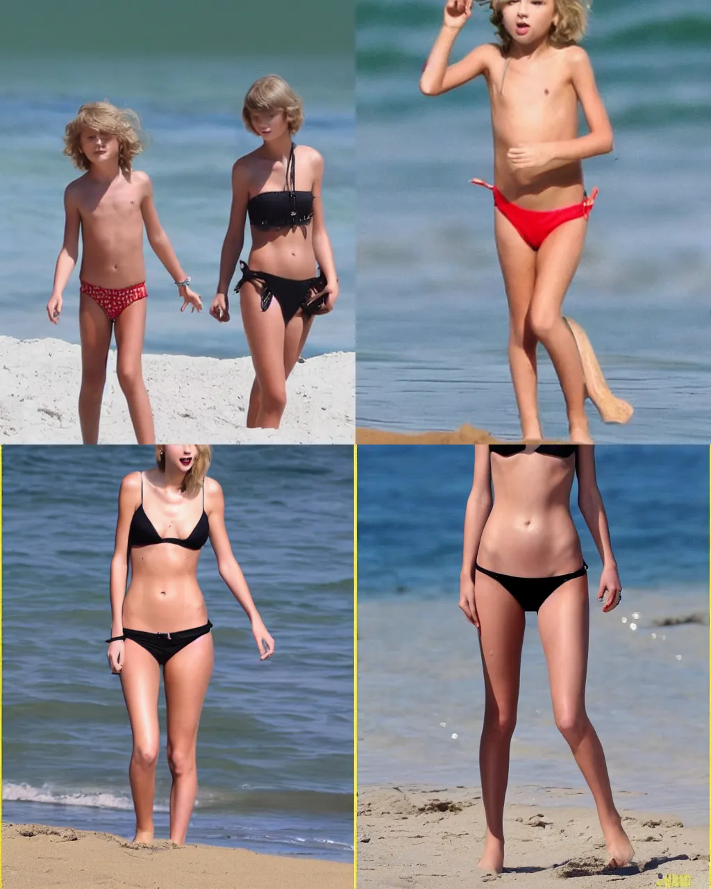 Prompt: Taylor swift as a boy, playing at the beach in a bikini, cdx