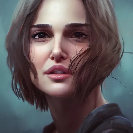 Image similar to realistic detailed semirealism beautiful gorgeous natural cute excited happy Natalie Portman 4K high resolution quality artstyle professional artists WLOP, Aztodio, Taejune Kim, Guweiz, Pixiv, Instagram, Artstation