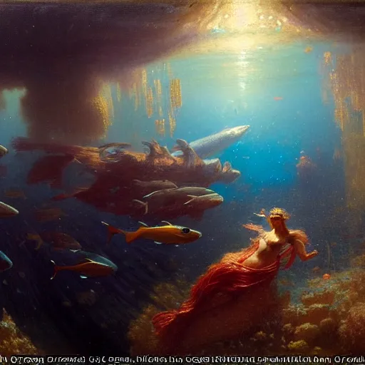 Prompt: i am at the bottom of the ocean looking up, see fishes swimming, the milk way up above, night time, midnight. highly detailed painting by gaston bussiere, greg rutkowski 8 k