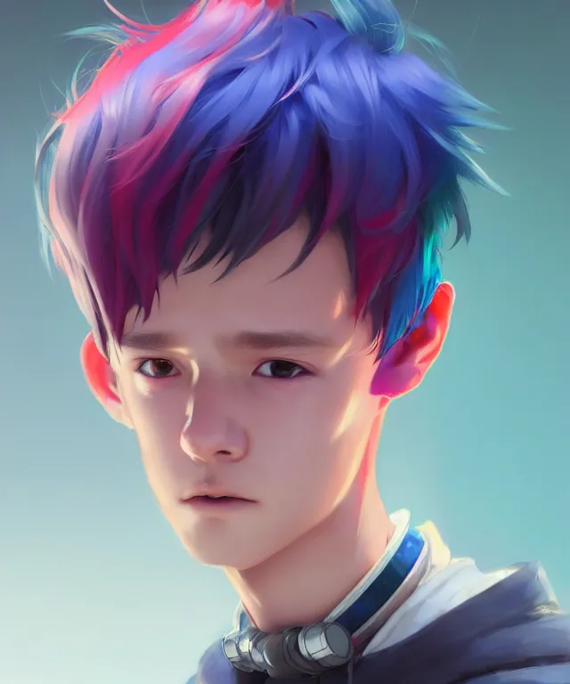 Image similar to character concept art of a cute young cyberpunk boy with colorful hair and collar | | cute - fine - face, pretty face, key visual, realistic shaded perfect face, fine details by stanley artgerm lau, wlop, rossdraws, james jean, andrei riabovitchev, marc simonetti, and sakimichan, trending on artstation