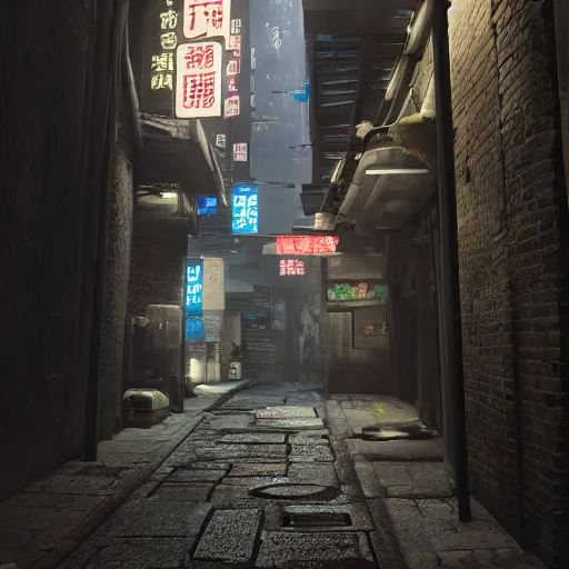 Prompt: a narrow alley with a sign in the middle of it, cyberpunk art by pan tianshou, cgsociety contest winner, shin hanga, unreal engine 5, rendered in unreal engine, world captured through photogrammetry and dissolved with real - time vfx