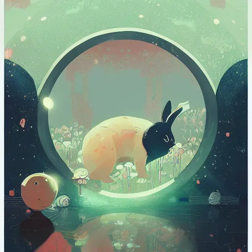 Prompt: A rabbit full of hope, looking for a black hole in an infinite time loop by Victo Ngai and Ghibli andlisk feng and atey ghailan