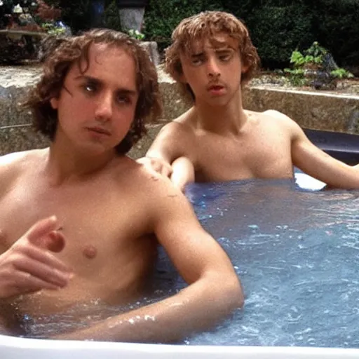 Prompt: alexander the great and hephaestion chilling in a hot tub