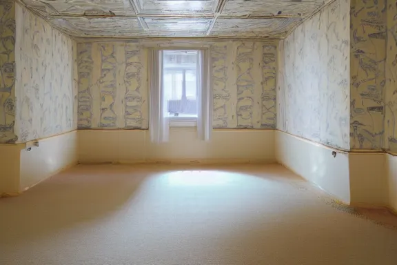 Prompt: an endless space of empty intertwining rooms with old yellowed wallpaper from the 1970s and beige carpet lit by tungsten lights