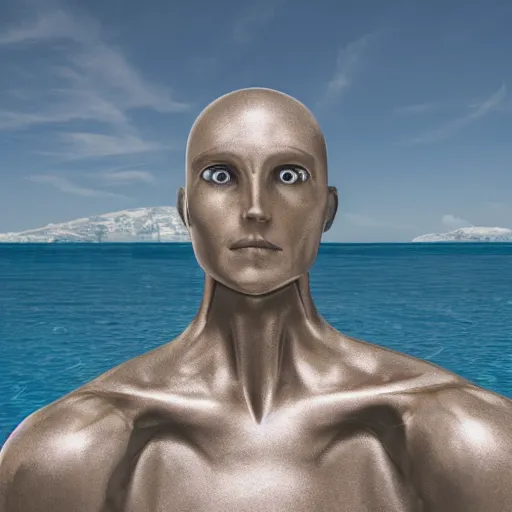 Prompt: a realistic detailed photo of a guy who is an attractive humanoid who is half robot and half humanoid, who is a male android, french presenter cyril gossbo, shiny skin, posing like a statue, blank stare, by the pool, on display, showing off his muscles, humanoid robot, frozen ice statue