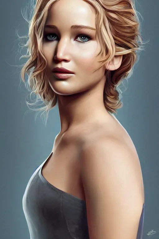 Image similar to a portrait of jennifer lawrence as a pixar character, beautiful, elegant, extremely detailed digital art, full body photo, trending on artstation hyper realistic matte painting, by wlop, artgerm