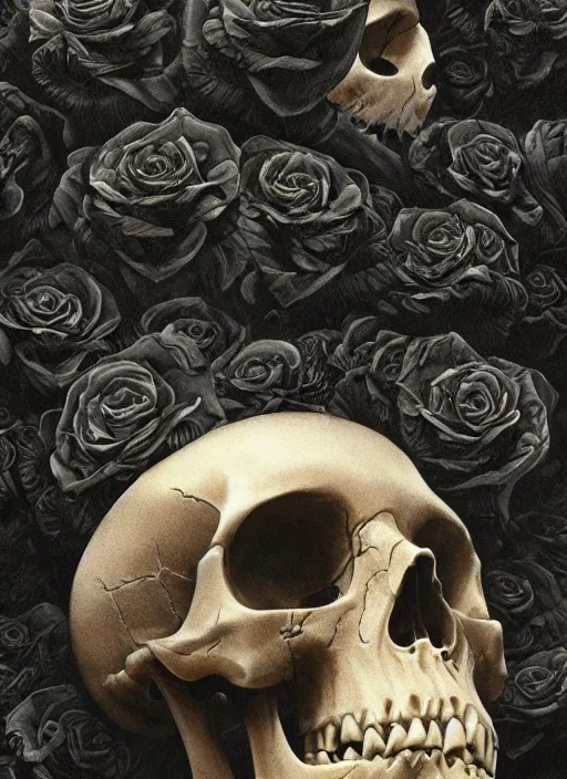 Prompt: skull surrounded by black roses, fog, cinematic shot, denis villeneuve movie still, wayne barlowe concept art, detailed, very coherent, vintage, masterpiece by emil melmoth