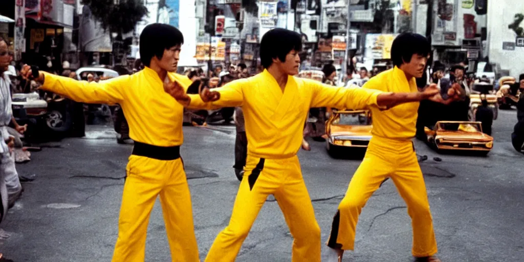 Image similar to bruce lee in a street fight with quentin tarantino on hollywood boulevard in the middle of traffic, hyperreal, onlookers, in style style of kill bill