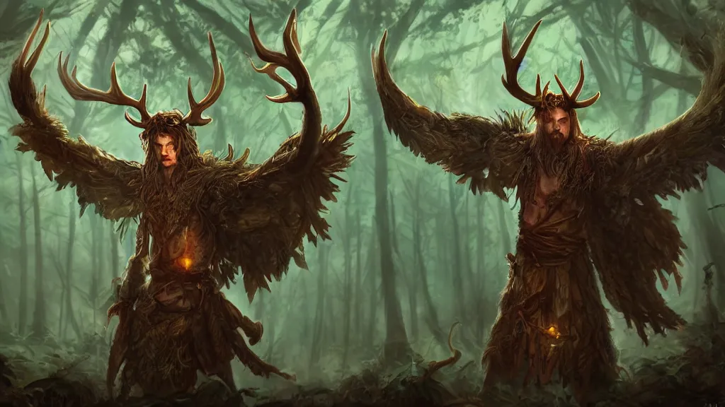 Prompt: A make druid, with antlers on his head and large hawk wings, casting a powerful glowing spell in the middle of an enormous, enchanted forest, dreamscape, dramatic lighting, fantasy art illustration, trending on artstation, Aetherpunk