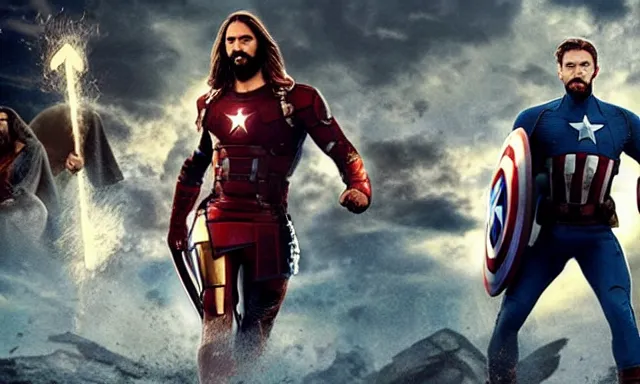 Image similar to jesus christ fighting alongside the avengers, using his cross as weapon, photorealistic, cinematic lighting, extremely detailed, marvel cinematic universe