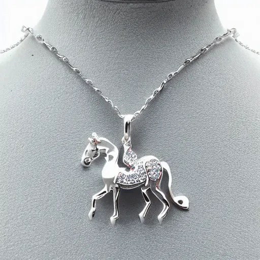 Image similar to a lovely cute silver cartoon unicorn necklace pendant, pandora style, tiffany style, swarovski style, van cleef & arpels style, cartier style, boucheron style, bulgari style, chaumet style, elegant, noble, stylish