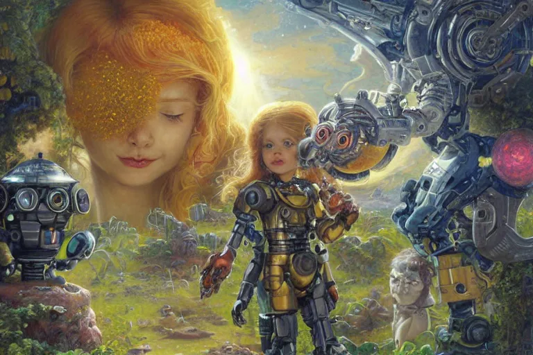 Prompt: derpy shiny mechanical android robots, Lilia Alvarado, Sophie Anderson, Mark Arian, Bob Byerley, Charlie Bowater, Mark Brooks, Steve Henderson, Justin Gerard, Arthur Hughes, Edward Robert Hughes, Mark Keathley, Victor Nizovtsev, Carlos Shwabe, Ross Tran, WLOP