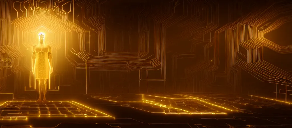 Image similar to the ethereal god of technology bestows the gift of circuits to humanity. immaculate matte painting. fantastic. velvet and gold. high key studio lighting. fractal dreams. ancient greece, trending on artstation, cgsociety, ps 5, uhd 8 k cryengine