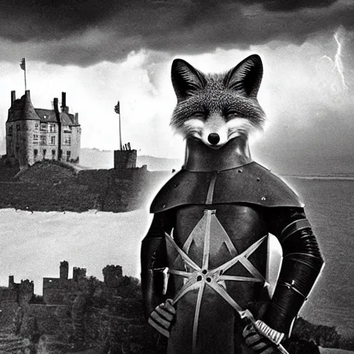 Image similar to anthropomorphic fox!! who is a medieval knight holding a swo - rd tow - ards a stormy thundercloud [ 1 9 3 0 s film still ], ( castle in the background )