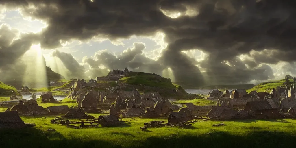 Prompt: beautiful viking city made from wood, green fields, sea, magic, gorgeous clouds, white marble, god rays, digital art, landscape, fantasy art, octane render, ureal engine, high detail, very realistic, by greg rutkowski. by james gurney