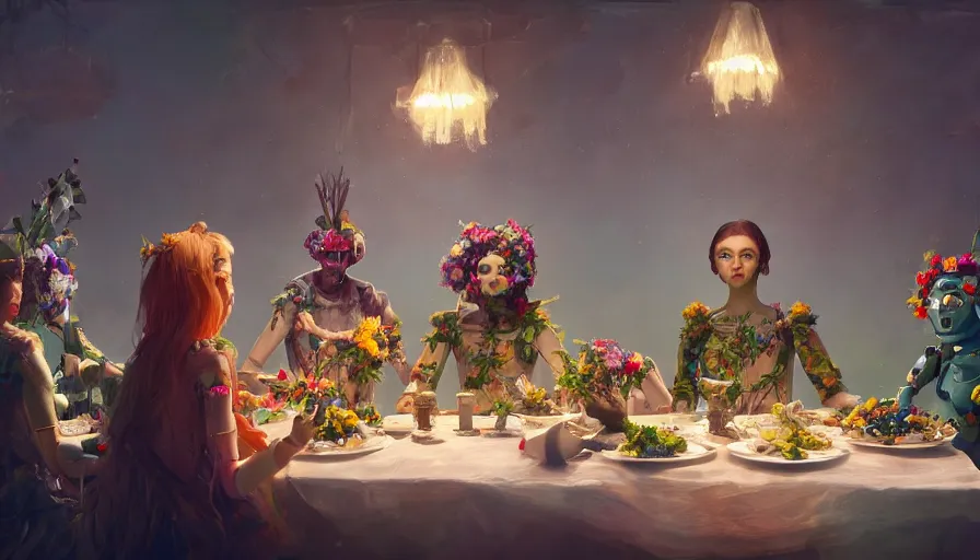 Prompt: a table dinner of humanoid robots where robots are dressed like the characters from the midsommar movie wearing flowers, realistic detailed digital art by maxwell boas jessica rossier christian dimitrov anton fadeev trending on artstation cgsociety rendered in unreal engine 4 k hq